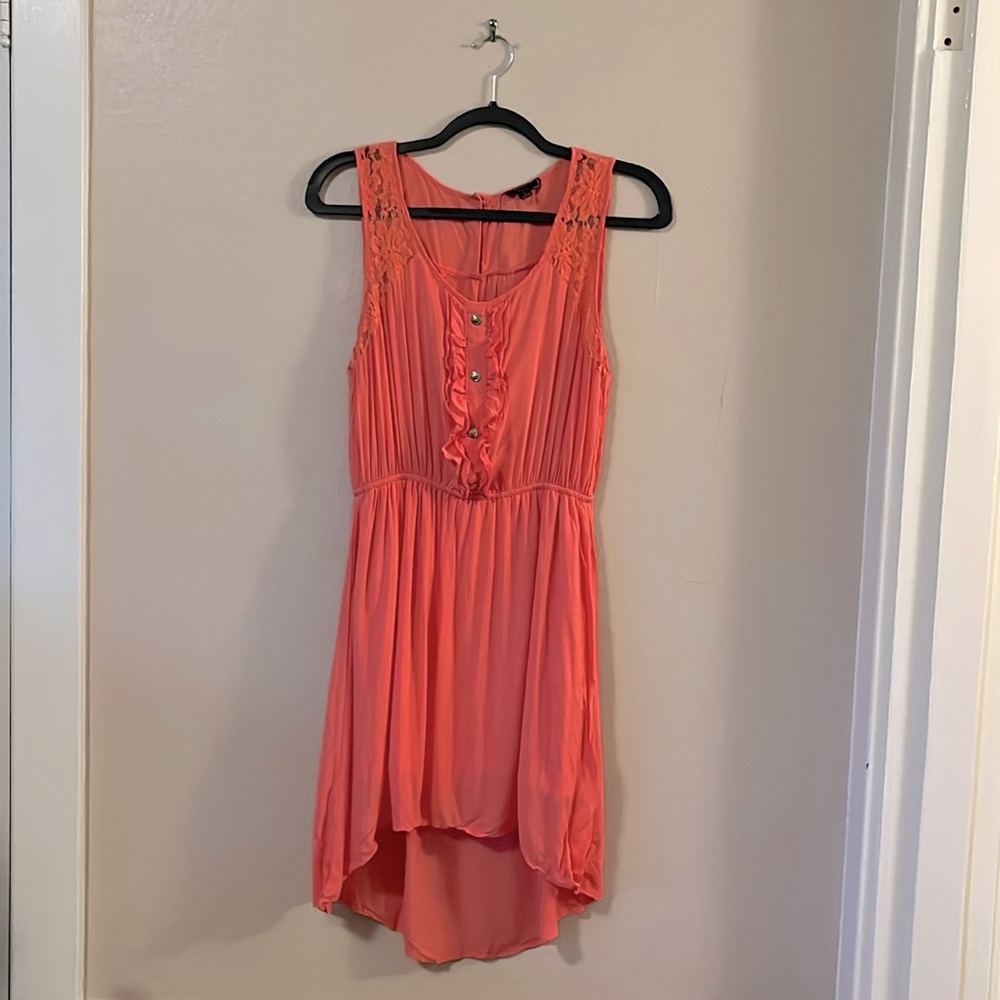Pearl Pink Coral Lace Button Ruffle Sleeveless Hi Low Dress L